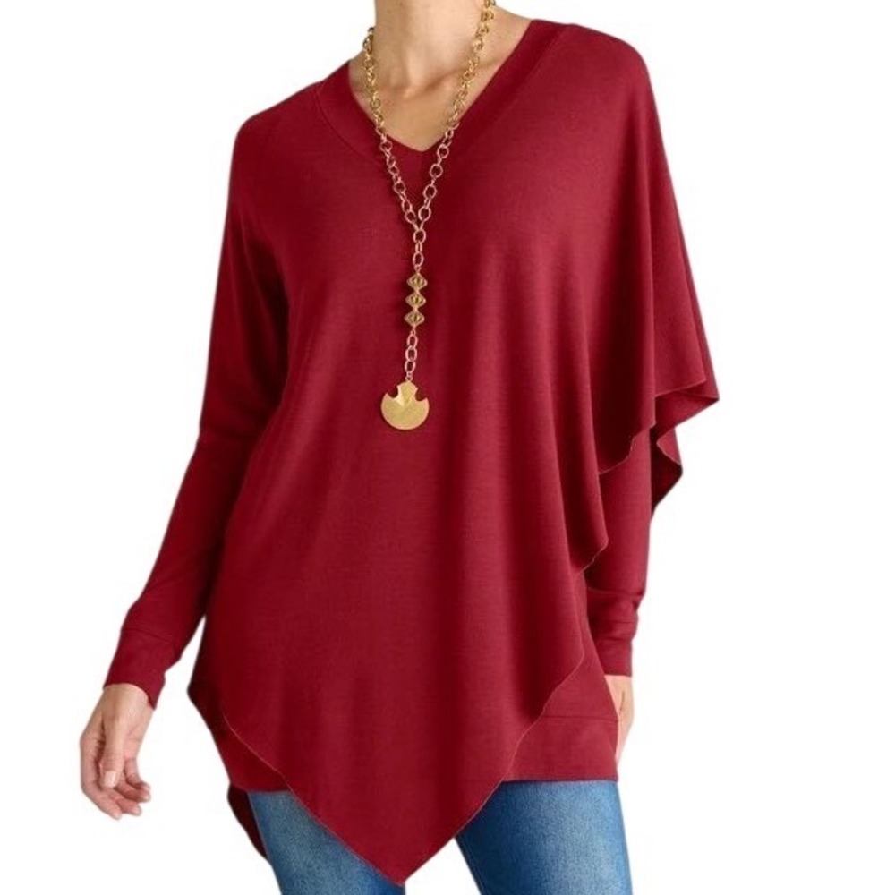 NWT Soft Surroundings Womens Madeline Tunic Red V-Neck Asymmetrical Hem Size 1X